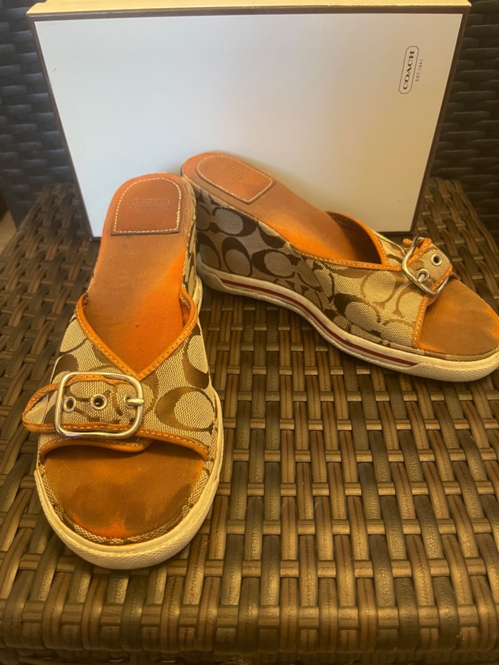 Coach Tan and Brown Signature Canvas Wedge Sandals